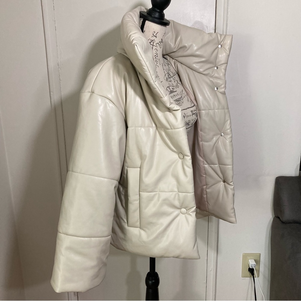 Faux Leather Cream Puffer Jacket High Neck Funnel Neck Coat - Picture 13 of 17